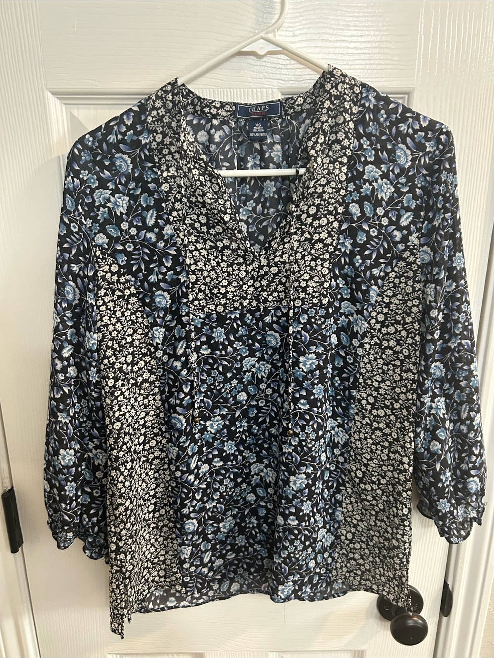 Women's Chaps Floral  3/4 Sleeve Blouse Peasant Top Blue Multi Size XS